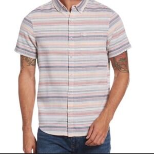 Original Penguin Men's Short Sleeve Striped Button Down Shirt Blue Peach Size S